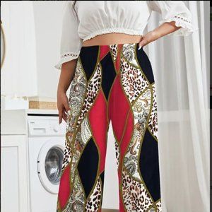 Plus Size Graphic Print High Rise Wide Leg Pants, Women's Color block Pants